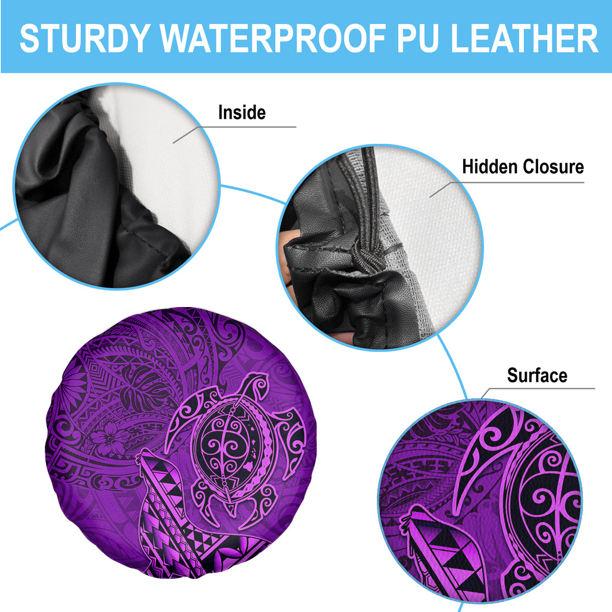 Hawaii Monk Seal and Dolphin Spare Tire Cover Polynesian Kakau Pattern Purple
