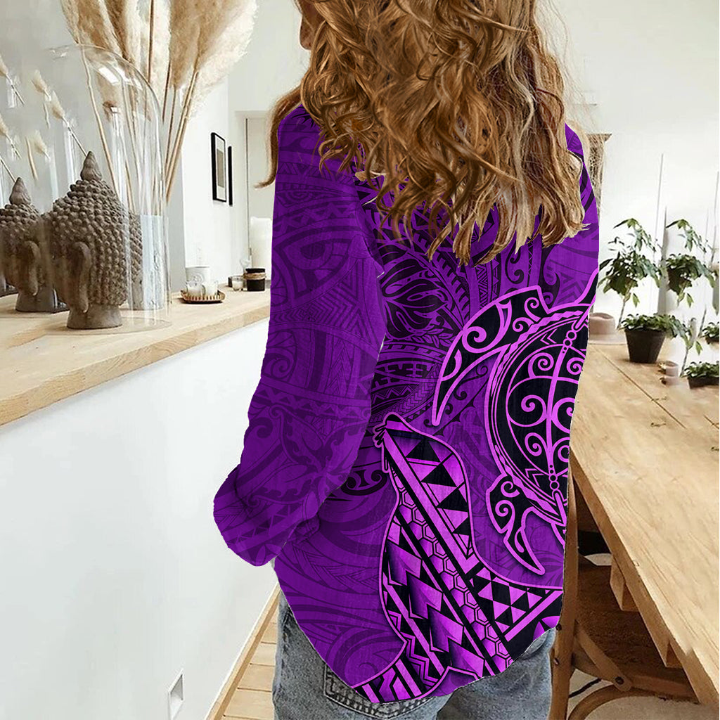 Hawaii Monk Seal and Dolphin Women Casual Shirt Polynesian Kakau Pattern Purple