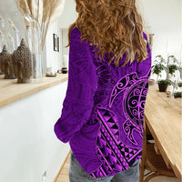 Hawaii Monk Seal and Dolphin Women Casual Shirt Polynesian Kakau Pattern Purple