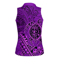 Hawaii Monk Seal and Dolphin Women Sleeveless Polo Shirt Polynesian Kakau Pattern Purple