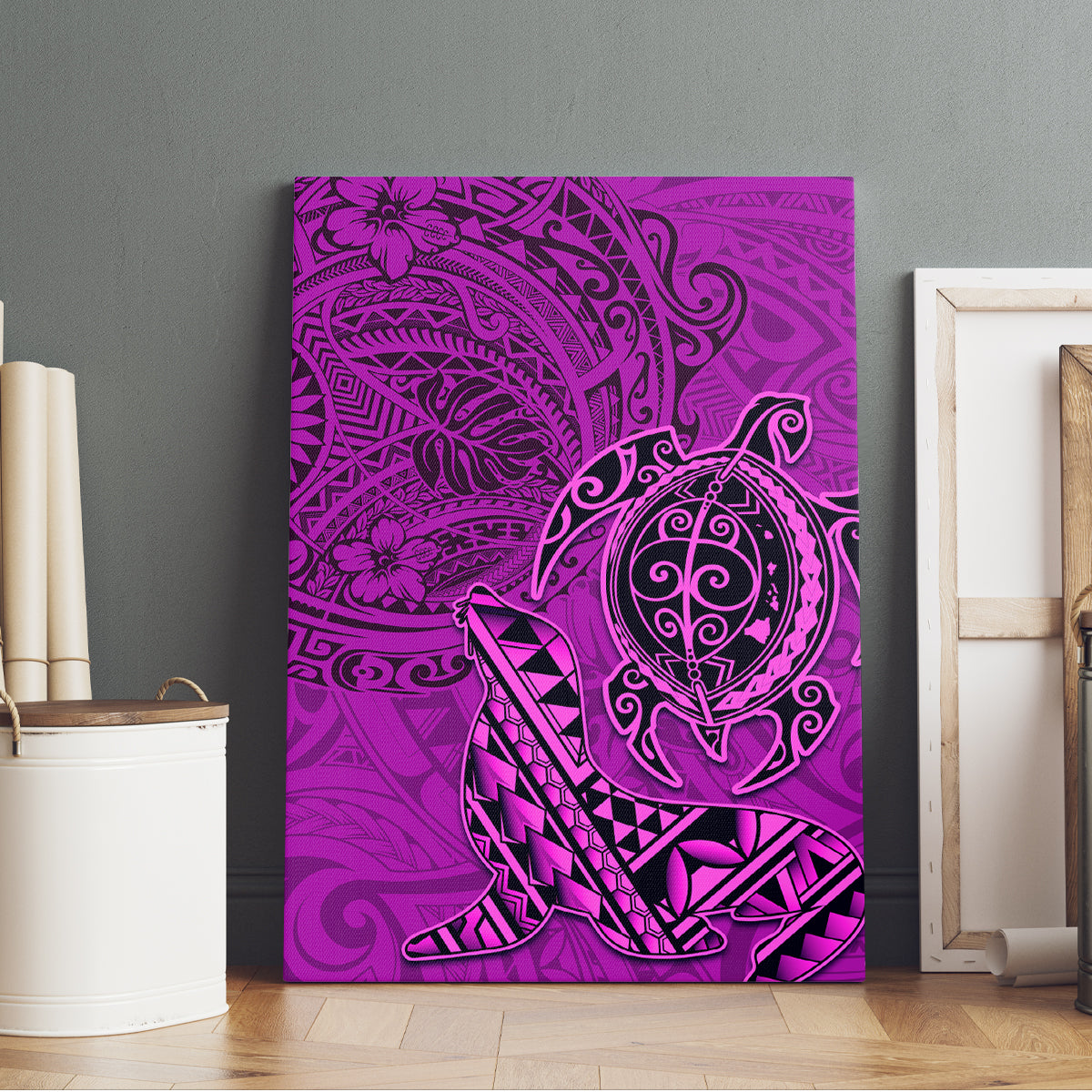 Hawaii Monk Seal and Dolphin Canvas Wall Art Polynesian Kakau Pattern Pink