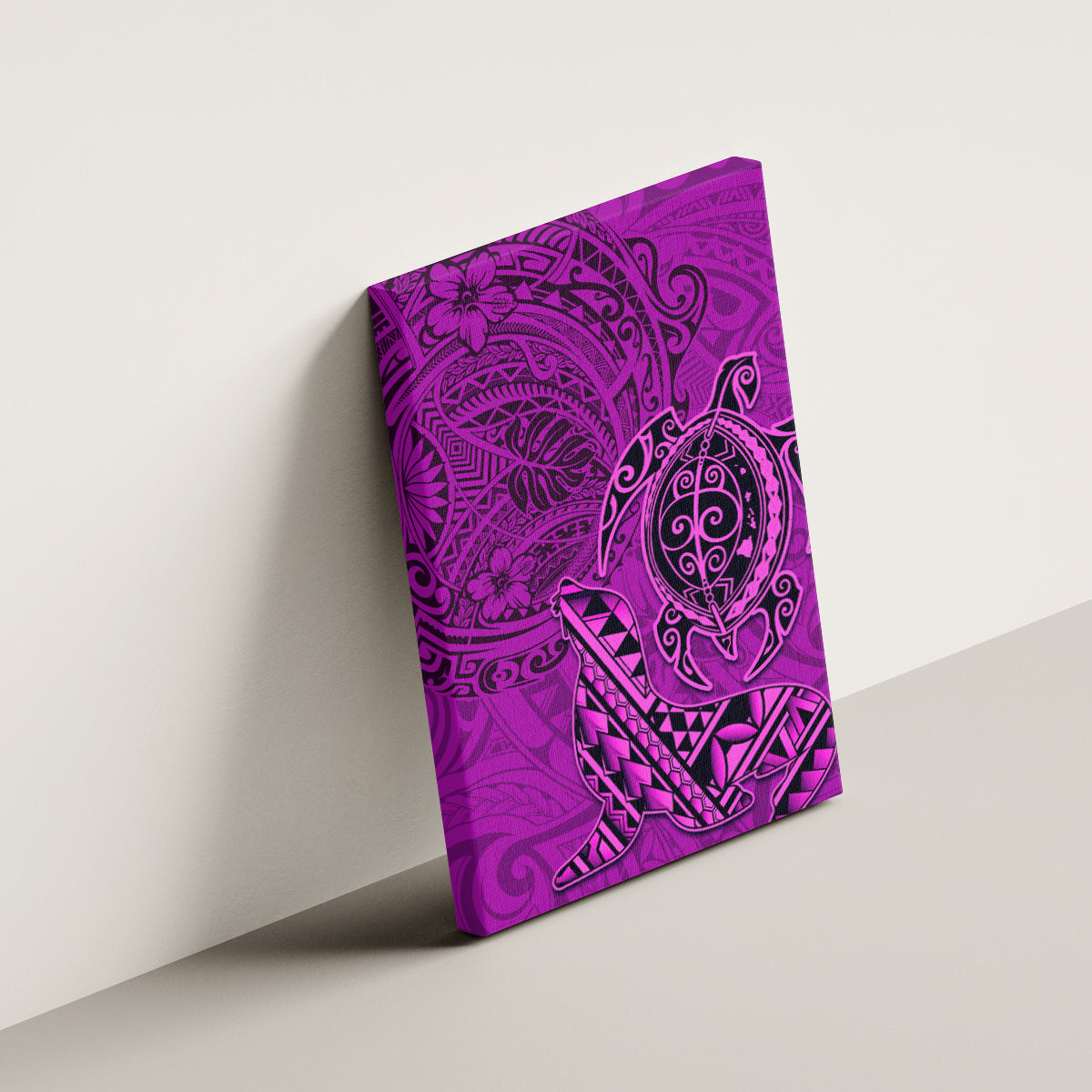 Hawaii Monk Seal and Dolphin Canvas Wall Art Polynesian Kakau Pattern Pink