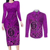 Hawaii Monk Seal and Dolphin Couples Matching Long Sleeve Bodycon Dress and Long Sleeve Button Shirt Polynesian Kakau Pattern Pink