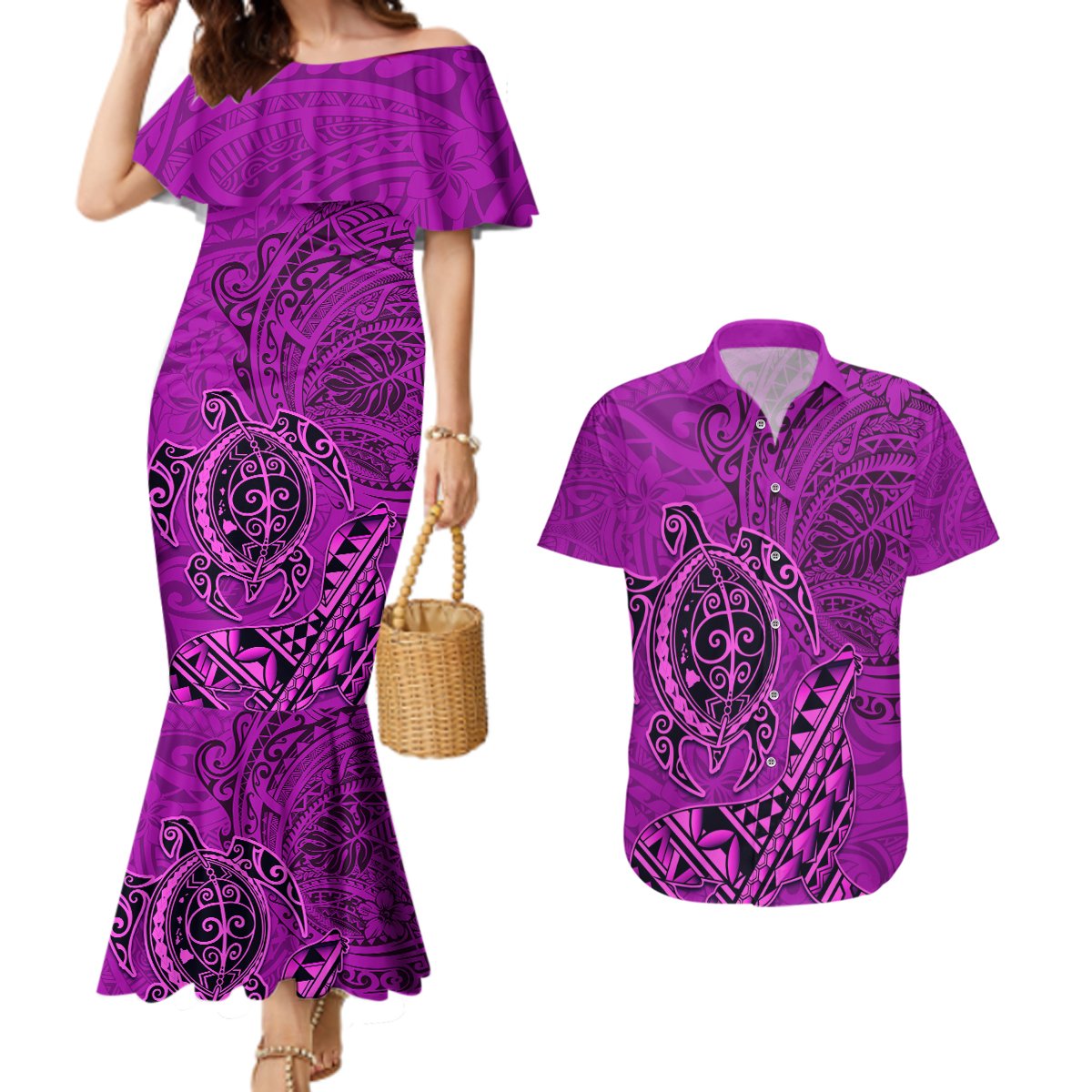 Hawaii Monk Seal and Dolphin Couples Matching Mermaid Dress and Hawaiian Shirt Polynesian Kakau Pattern Pink