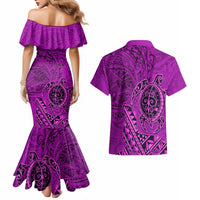 Hawaii Monk Seal and Dolphin Couples Matching Mermaid Dress and Hawaiian Shirt Polynesian Kakau Pattern Pink