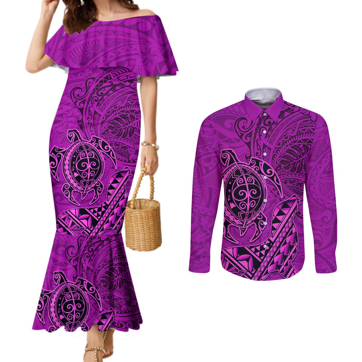 Hawaii Monk Seal and Dolphin Couples Matching Mermaid Dress and Long Sleeve Button Shirt Polynesian Kakau Pattern Pink