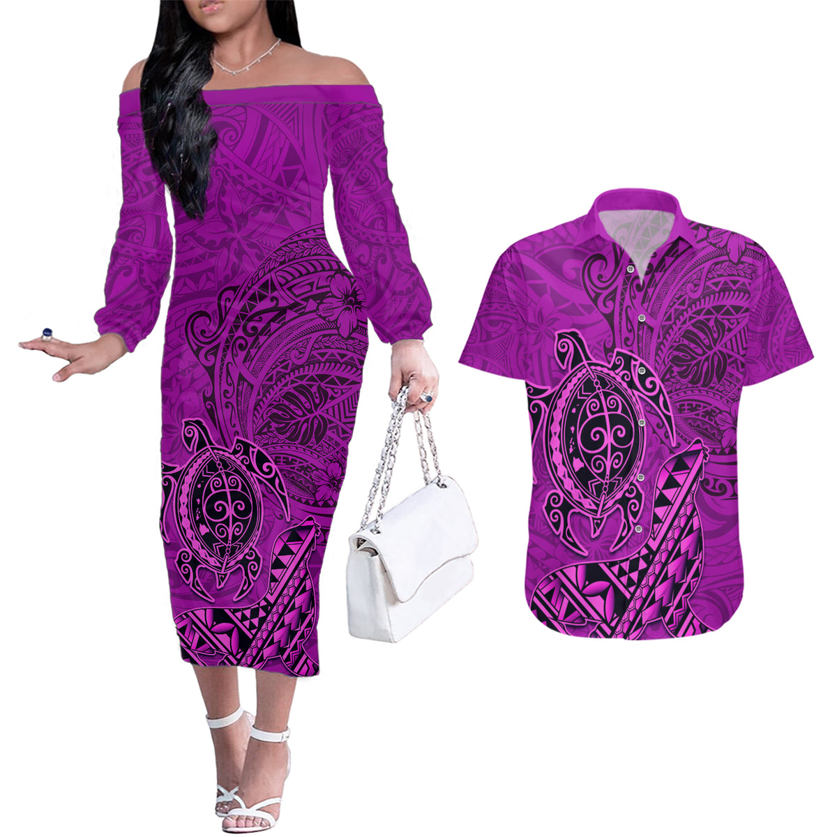 Hawaii Monk Seal and Dolphin Couples Matching Off The Shoulder Long Sleeve Dress and Hawaiian Shirt Polynesian Kakau Pattern Pink