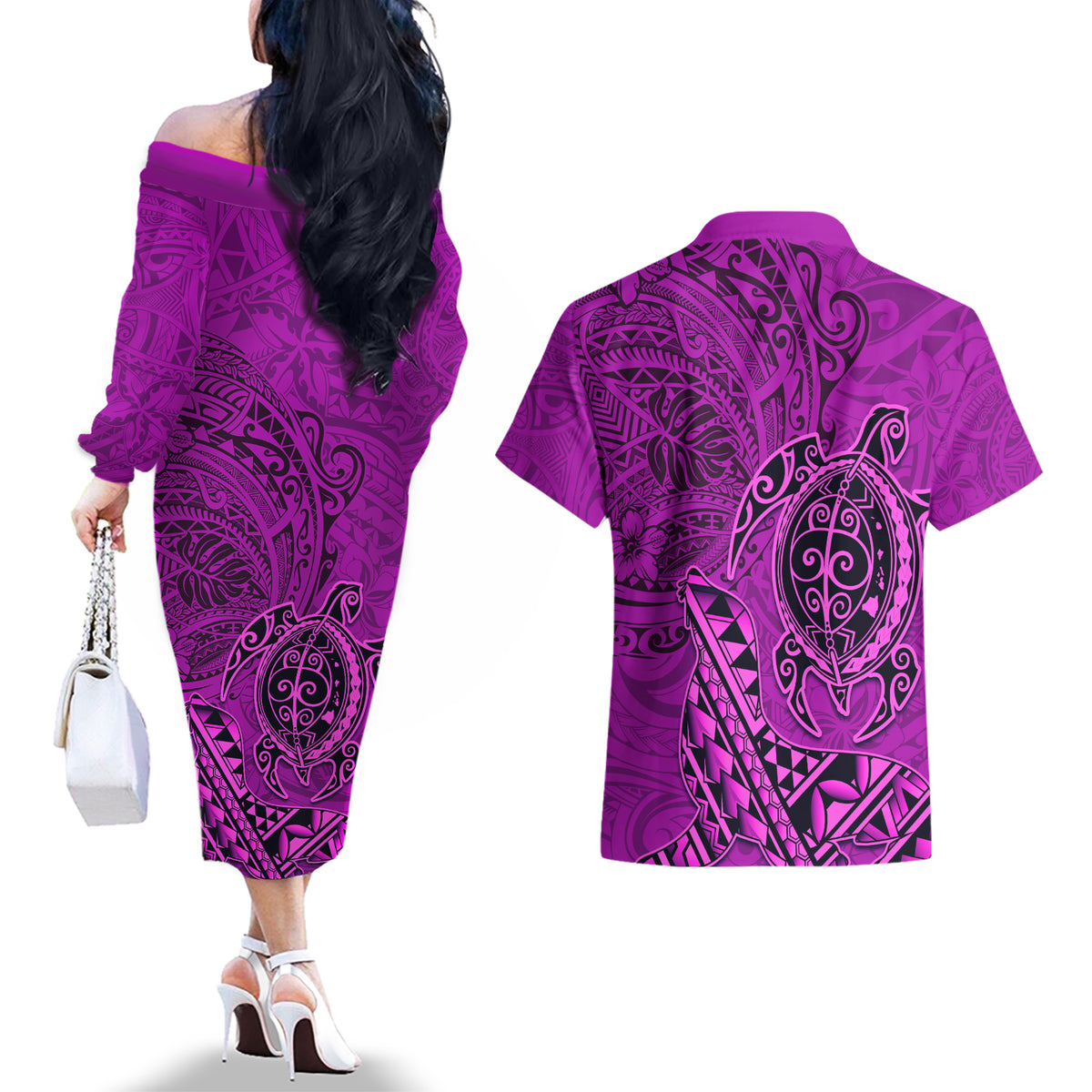 Hawaii Monk Seal and Dolphin Couples Matching Off The Shoulder Long Sleeve Dress and Hawaiian Shirt Polynesian Kakau Pattern Pink