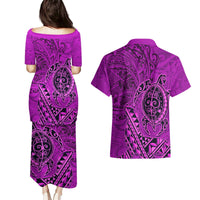 Hawaii Monk Seal and Dolphin Couples Matching Puletasi and Hawaiian Shirt Polynesian Kakau Pattern Pink
