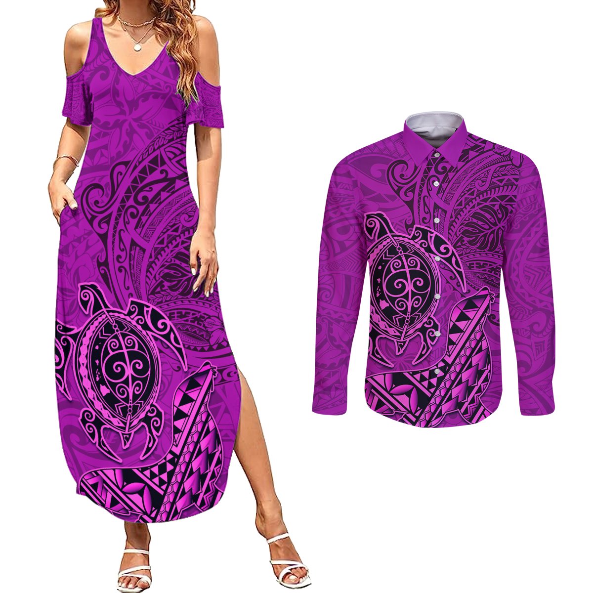 Hawaii Monk Seal and Dolphin Couples Matching Summer Maxi Dress and Long Sleeve Button Shirt Polynesian Kakau Pattern Pink