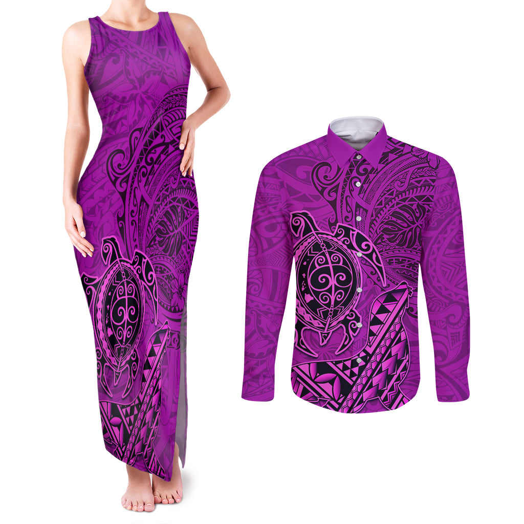 Hawaii Monk Seal and Dolphin Couples Matching Tank Maxi Dress and Long Sleeve Button Shirt Polynesian Kakau Pattern Pink