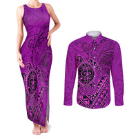 Hawaii Monk Seal and Dolphin Couples Matching Tank Maxi Dress and Long Sleeve Button Shirt Polynesian Kakau Pattern Pink