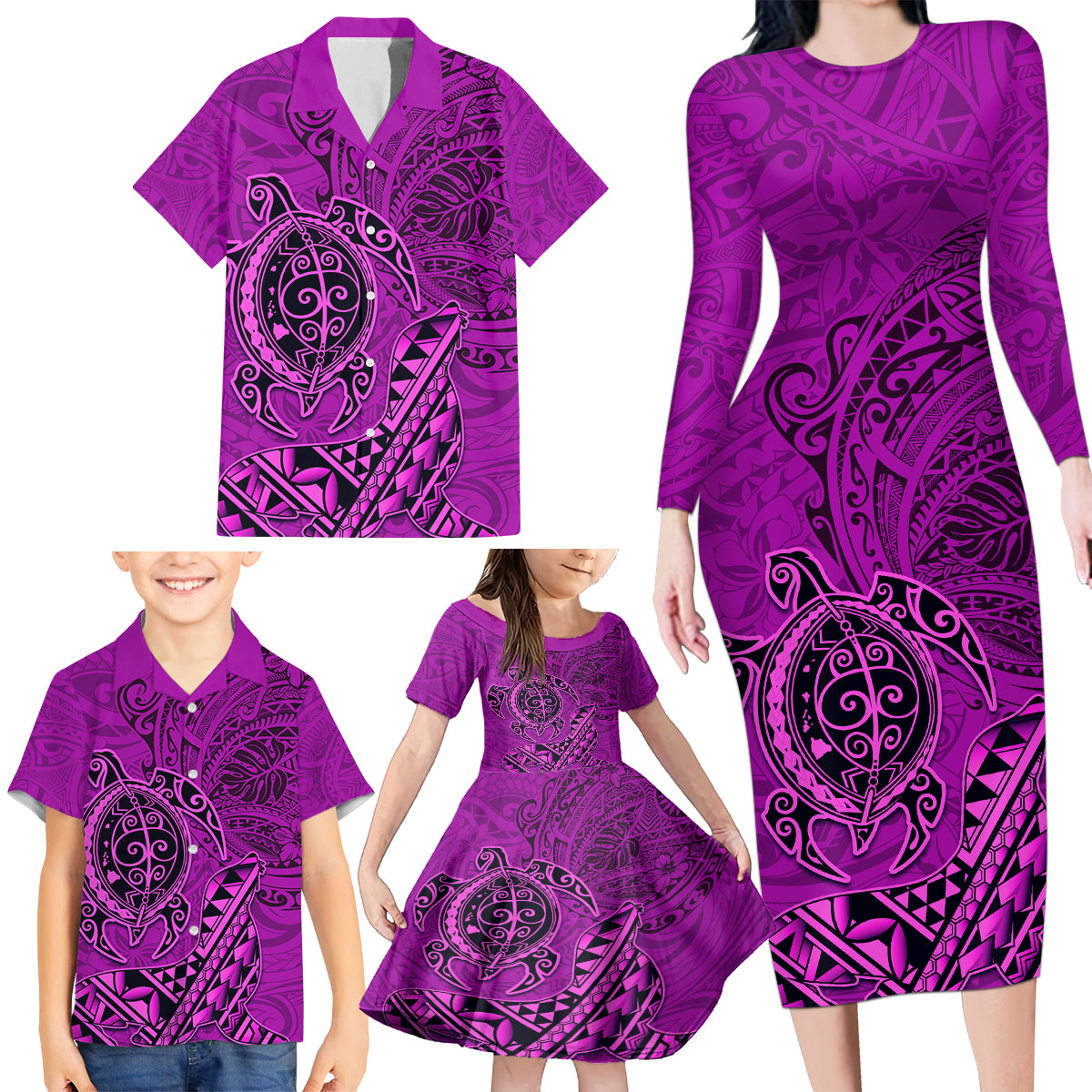 Hawaii Monk Seal and Dolphin Family Matching Long Sleeve Bodycon Dress and Hawaiian Shirt Polynesian Kakau Pattern Pink LT03 - Polynesian Pride