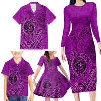 Hawaii Monk Seal and Dolphin Family Matching Long Sleeve Bodycon Dress and Hawaiian Shirt Polynesian Kakau Pattern Pink LT03 - Polynesian Pride