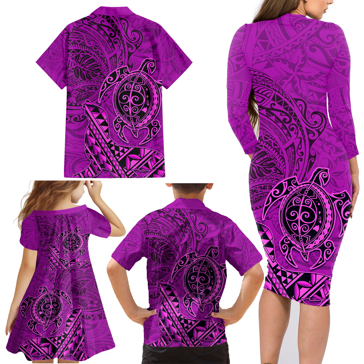 Hawaii Monk Seal and Dolphin Family Matching Long Sleeve Bodycon Dress and Hawaiian Shirt Polynesian Kakau Pattern Pink LT03 - Polynesian Pride