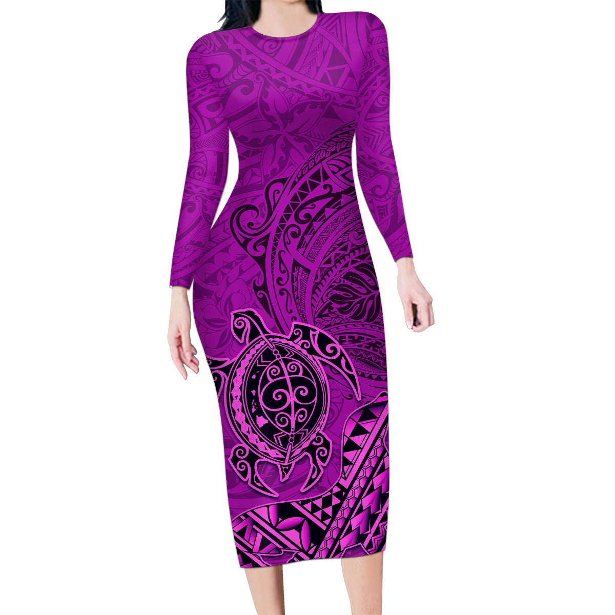 Hawaii Monk Seal and Dolphin Family Matching Long Sleeve Bodycon Dress and Hawaiian Shirt Polynesian Kakau Pattern Pink LT03 Mom's Dress Pink - Polynesian Pride