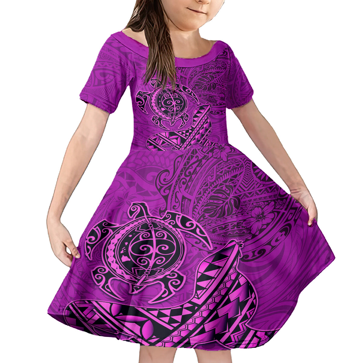 Hawaii Monk Seal and Dolphin Family Matching Off The Shoulder Long Sleeve Dress and Hawaiian Shirt Polynesian Kakau Pattern Pink LT03 Daughter's Dress Pink - Polynesian Pride