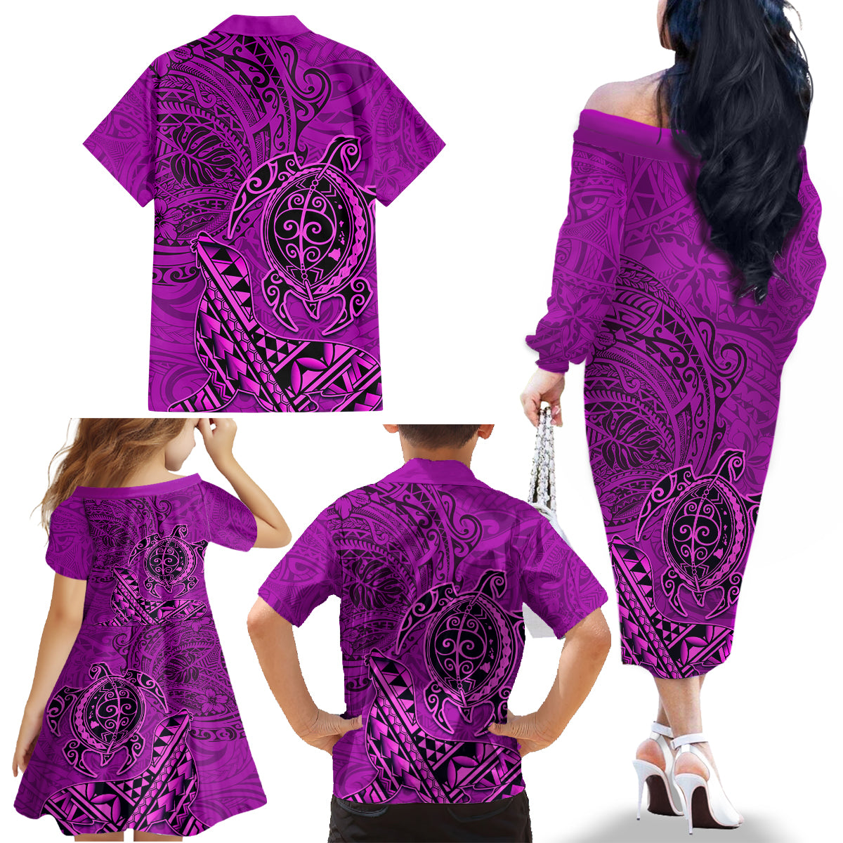 Hawaii Monk Seal and Dolphin Family Matching Off The Shoulder Long Sleeve Dress and Hawaiian Shirt Polynesian Kakau Pattern Pink LT03 - Polynesian Pride