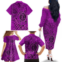 Hawaii Monk Seal and Dolphin Family Matching Off The Shoulder Long Sleeve Dress and Hawaiian Shirt Polynesian Kakau Pattern Pink LT03 - Polynesian Pride