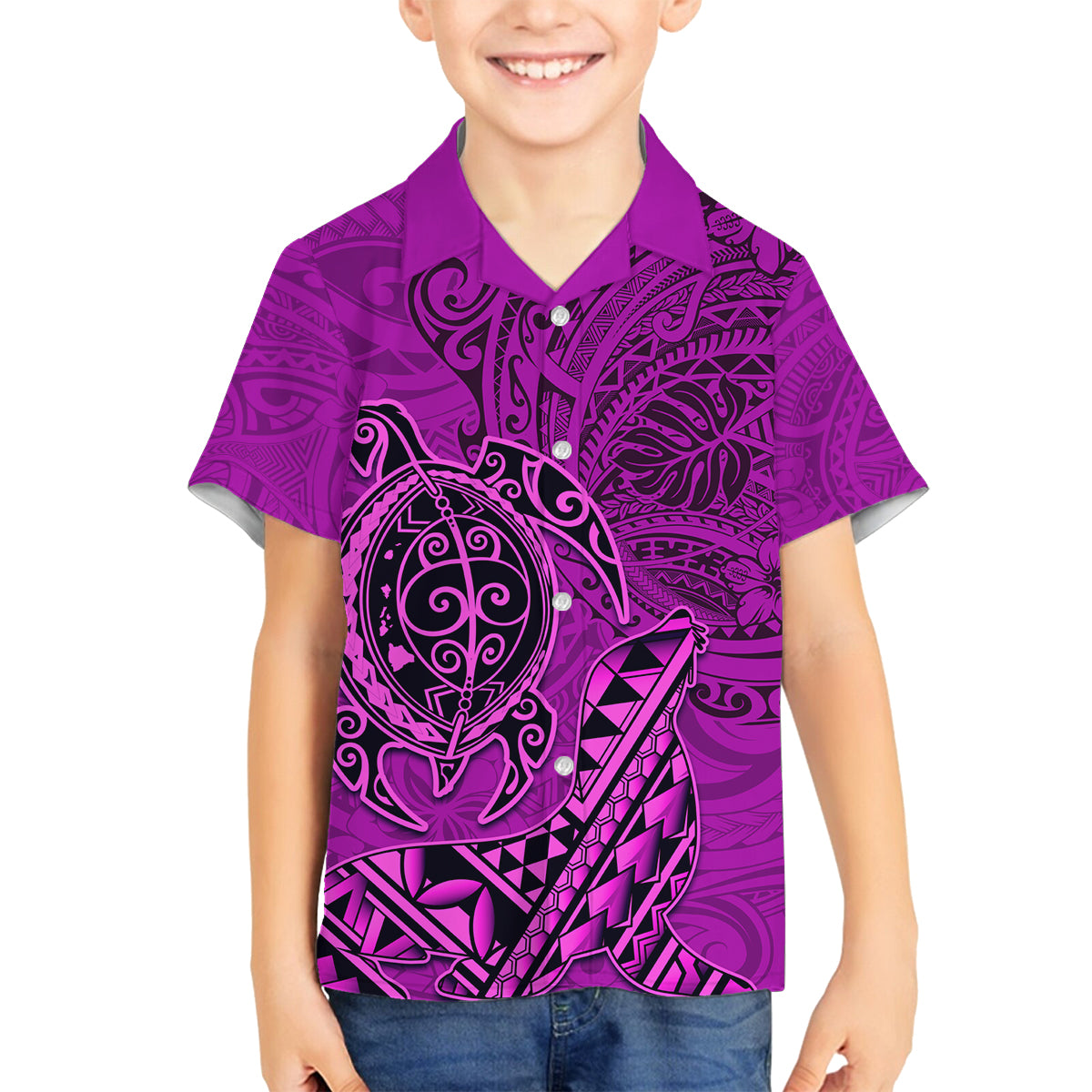 Hawaii Monk Seal and Dolphin Family Matching Off Shoulder Maxi Dress and Hawaiian Shirt Polynesian Kakau Pattern Pink