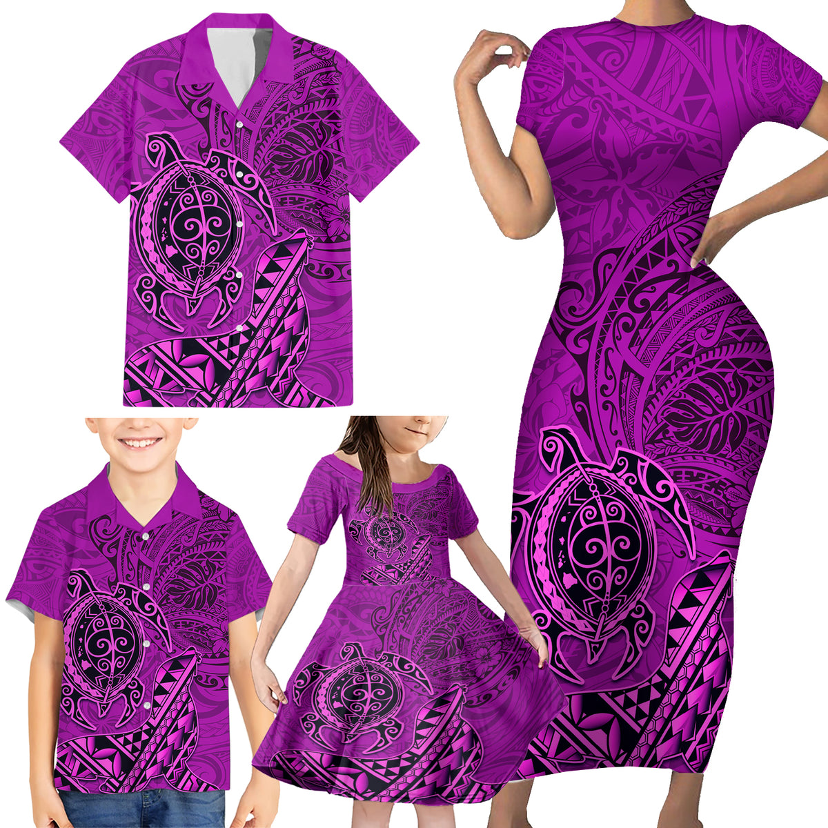 Hawaii Monk Seal and Dolphin Family Matching Short Sleeve Bodycon Dress and Hawaiian Shirt Polynesian Kakau Pattern Pink LT03 - Polynesian Pride