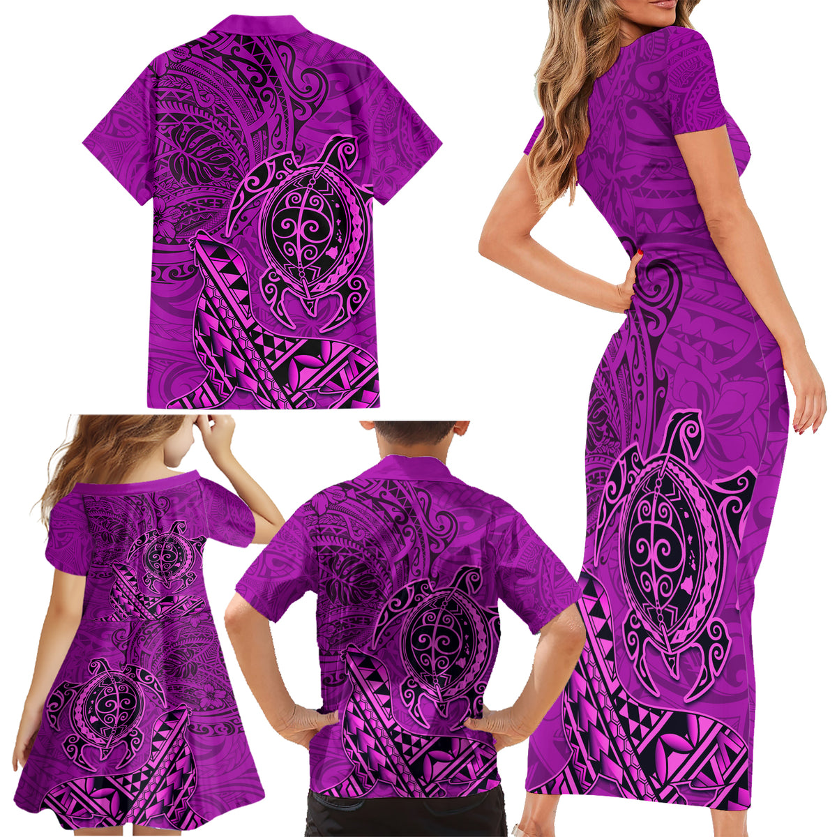 Hawaii Monk Seal and Dolphin Family Matching Short Sleeve Bodycon Dress and Hawaiian Shirt Polynesian Kakau Pattern Pink LT03 - Polynesian Pride
