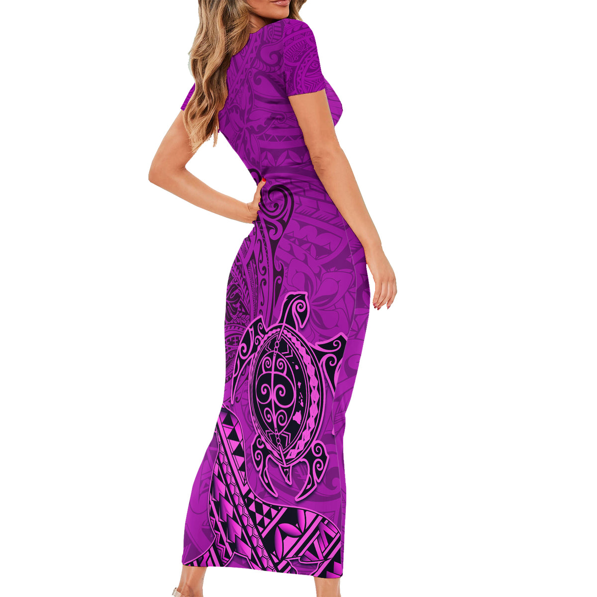 Hawaii Monk Seal and Dolphin Family Matching Short Sleeve Bodycon Dress and Hawaiian Shirt Polynesian Kakau Pattern Pink LT03 - Polynesian Pride