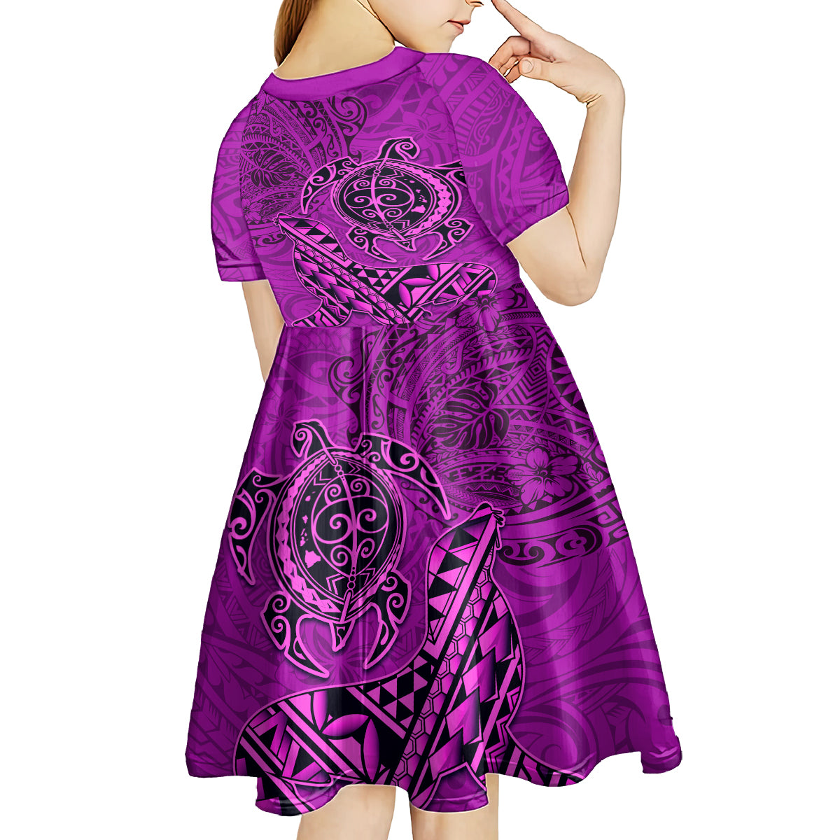 Hawaii Monk Seal and Dolphin Kid Short Sleeve Dress Polynesian Kakau Pattern Pink