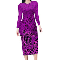 Hawaii Monk Seal and Dolphin Long Sleeve Bodycon Dress Polynesian Kakau Pattern Pink