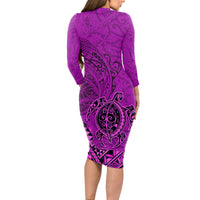Hawaii Monk Seal and Dolphin Long Sleeve Bodycon Dress Polynesian Kakau Pattern Pink