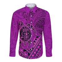 Hawaii Monk Seal and Dolphin Long Sleeve Button Shirt Polynesian Kakau Pattern Pink