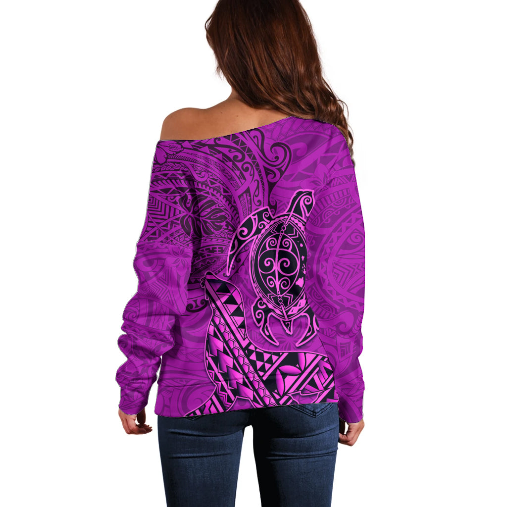 Hawaii Monk Seal and Dolphin Off Shoulder Sweater Polynesian Kakau Pattern Pink