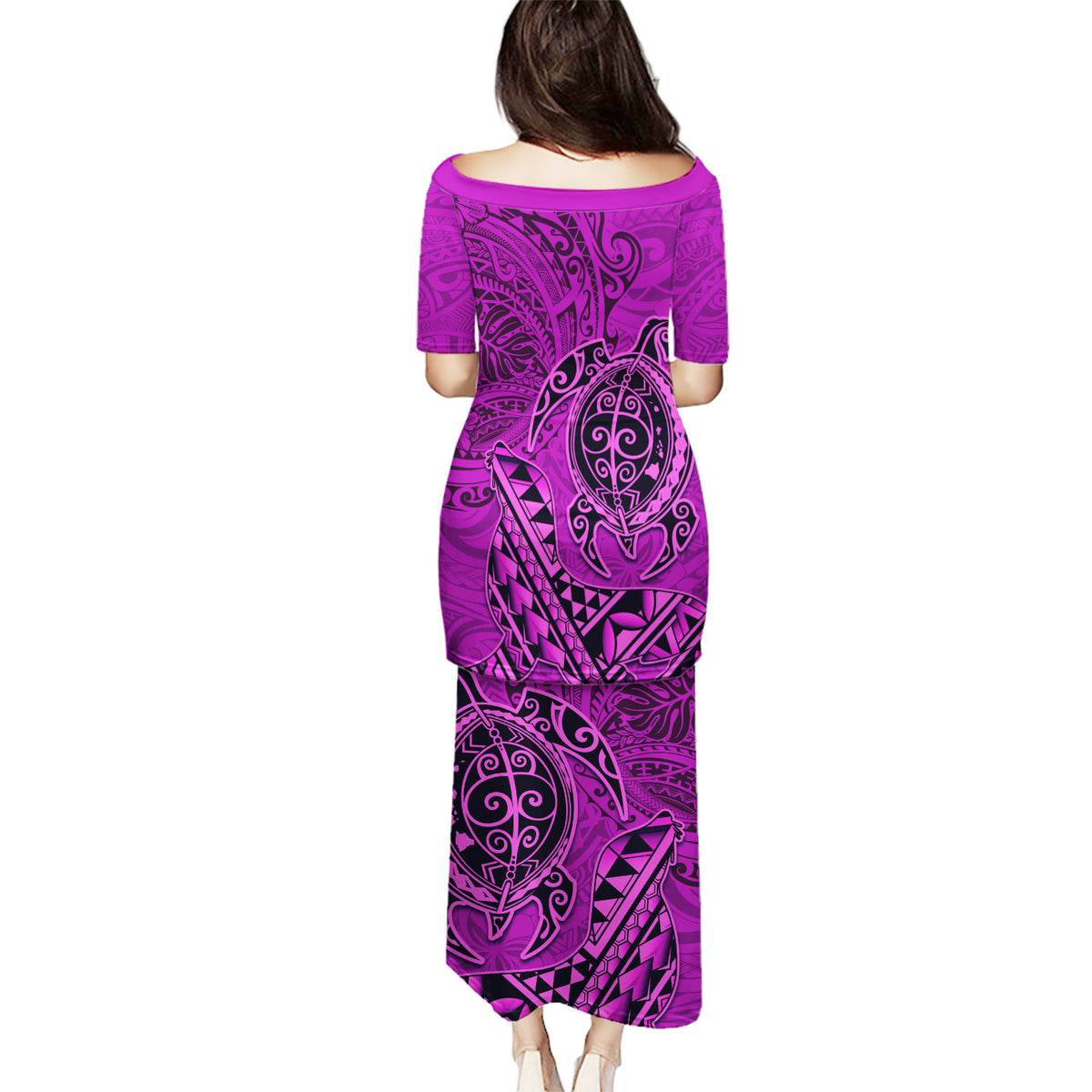 Hawaii Monk Seal and Dolphin Puletasi Polynesian Kakau Pattern Pink
