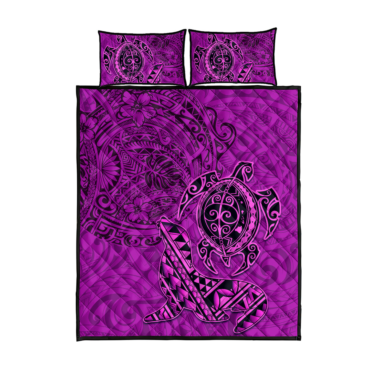 Hawaii Monk Seal and Dolphin Quilt Bed Set Polynesian Kakau Pattern Pink