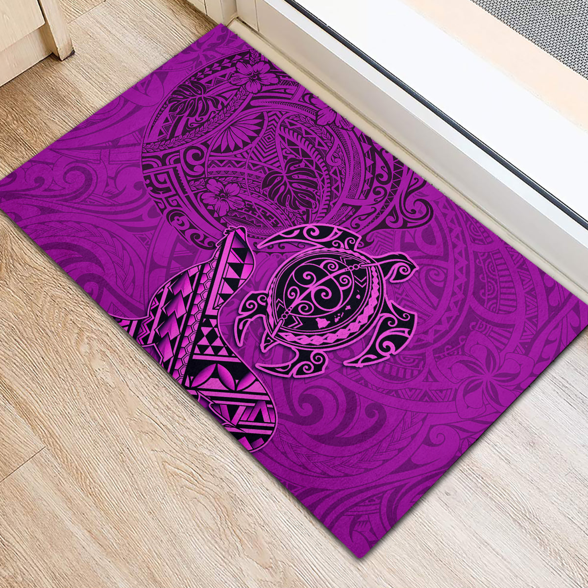 Hawaii Monk Seal and Dolphin Rubber Doormat Polynesian Kakau Pattern Pink