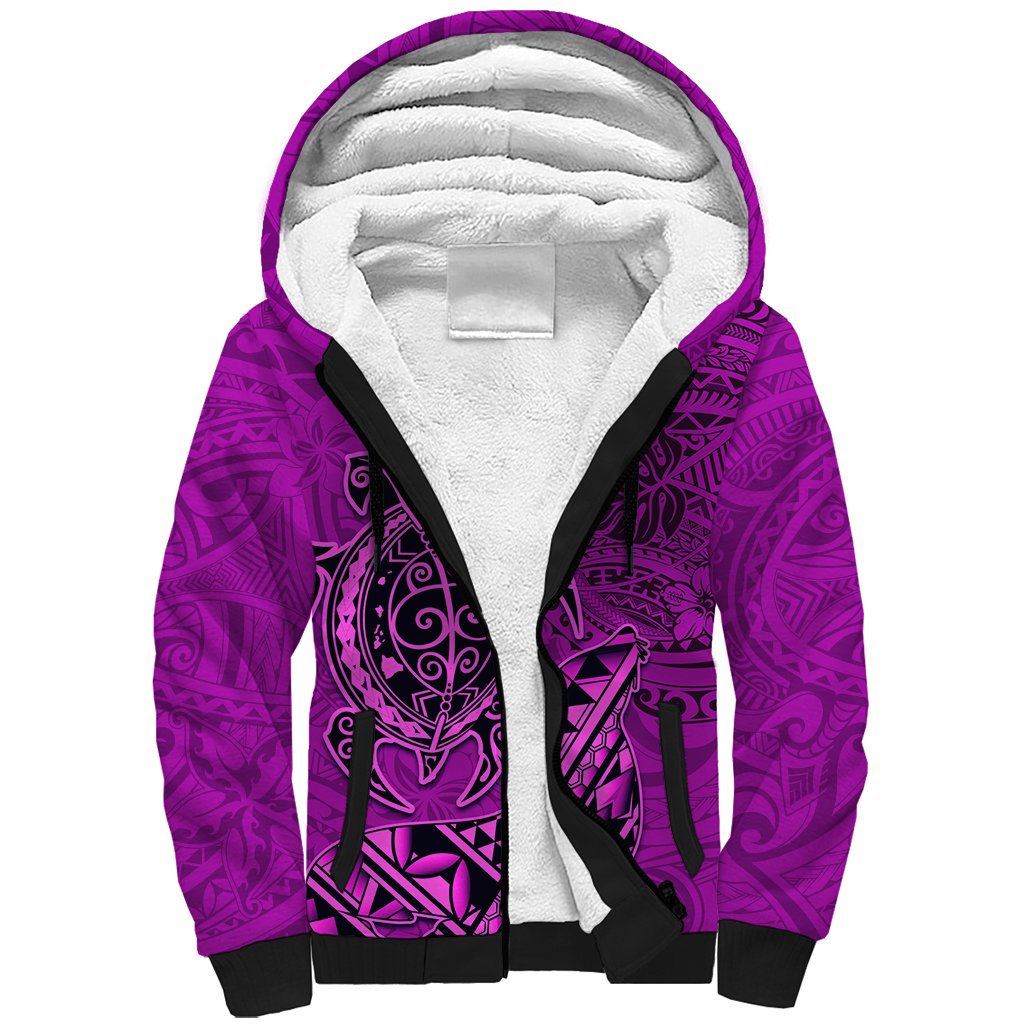 Hawaii Monk Seal and Dolphin Sherpa Hoodie Polynesian Kakau Pattern Pink
