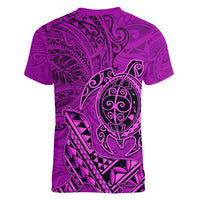 Hawaii Monk Seal and Dolphin Women V-Neck T-Shirt Polynesian Kakau Pattern Pink