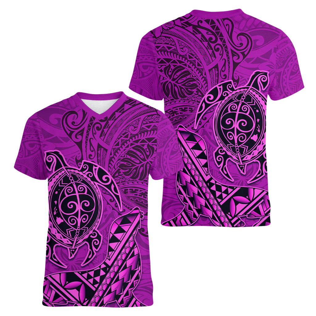 Hawaii Monk Seal and Dolphin Women V-Neck T-Shirt Polynesian Kakau Pattern Pink