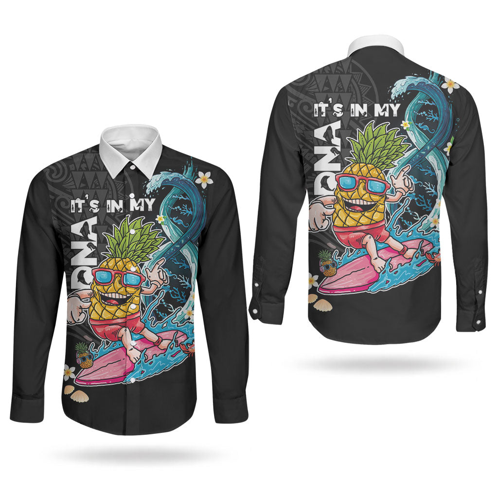 Hawaii Pineapple Surfing Couples Matching Long Sleeve Bodycon Dress and Long Sleeve Button Shirt It's in My DNA - Kakau and Polynesian Pattern LT03 - Polynesian Pride