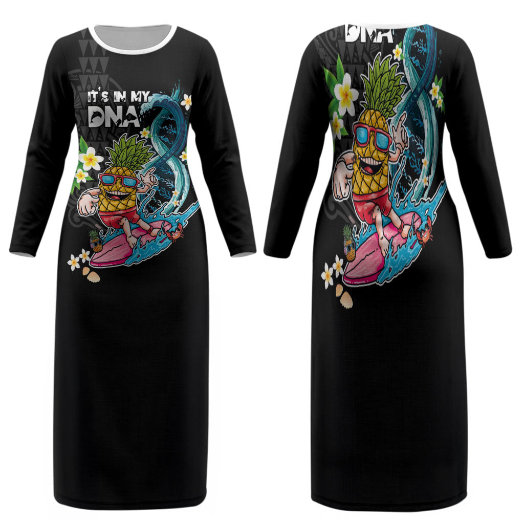 Hawaii Pineapple Surfing Family Matching Long Sleeve Bodycon Dress and Hawaiian Shirt It's in My DNA - Kakau and Polynesian Pattern LT03 Mom's Dress Black - Polynesian Pride