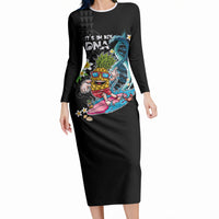 Hawaii Pineapple Surfing Long Sleeve Bodycon Dress It's in My DNA - Kakau and Polynesian Pattern LT03 Long Dress Black - Polynesian Pride