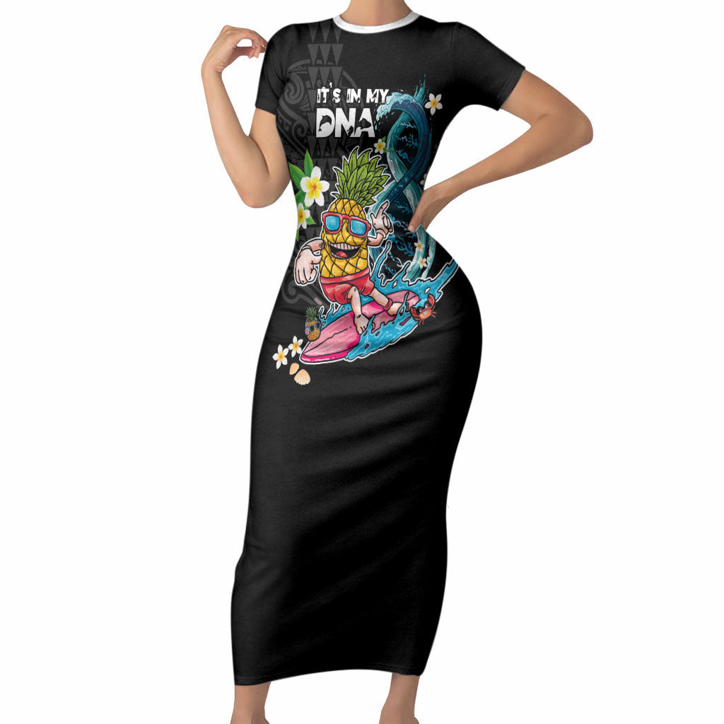Hawaii Pineapple Surfing Short Sleeve Bodycon Dress It's in My DNA - Kakau and Polynesian Pattern LT03 Long Dress Black - Polynesian Pride