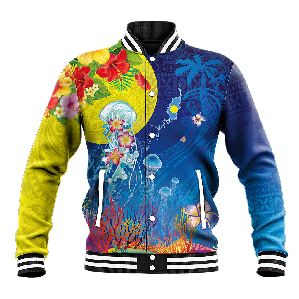 Palau Baseball Jacket Jellyfish with Coral Reefs Ocean Vibe and Tapa Pattern LT03 Unisex Blue - Polynesian Pride