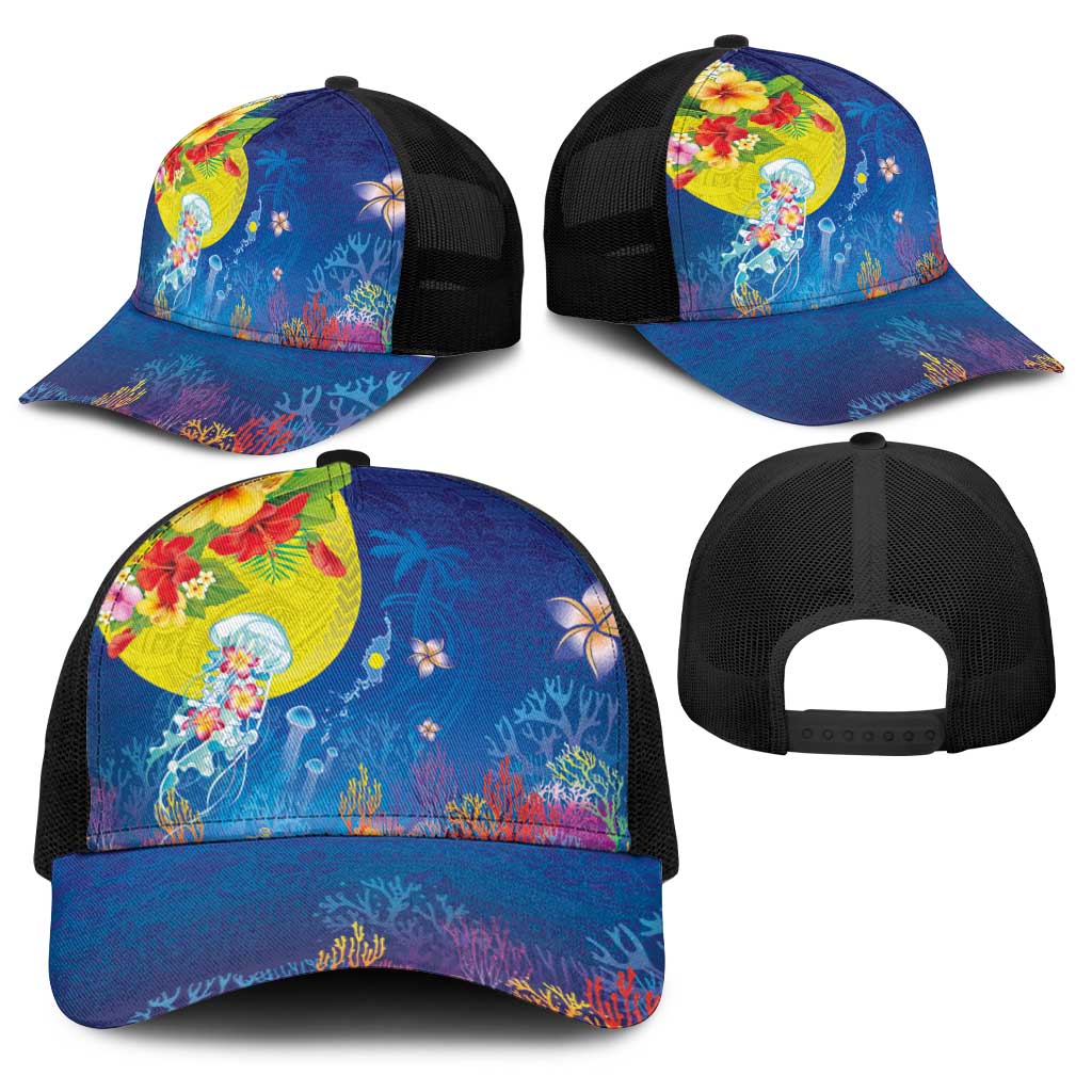 Palau Baseball Net Cap Jellyfish with Coral Reefs Ocean Vibe and Tapa Pattern LT03 - Polynesian Pride