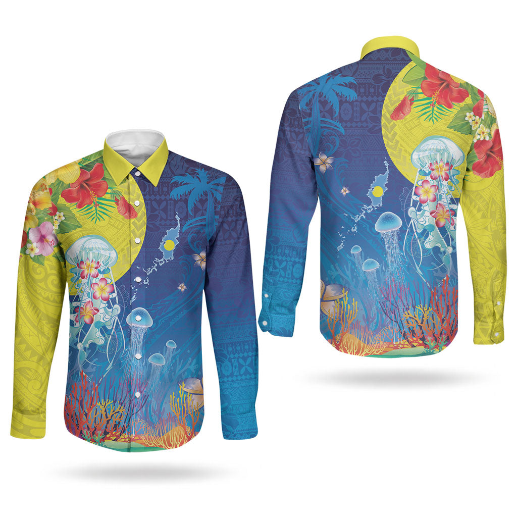 Palau Couples Matching Off Shoulder Maxi Dress and Long Sleeve Button Shirt Jellyfish with Coral Reefs Ocean Vibe and Tapa Pattern LT03 - Polynesian Pride