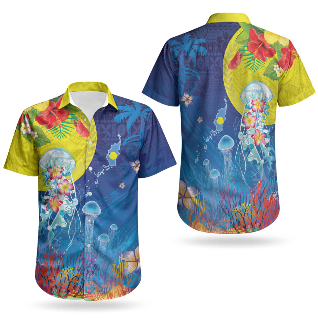 Palau Couples Matching Off Shoulder Short Dress and Hawaiian Shirt Jellyfish with Coral Reefs Ocean Vibe and Tapa Pattern LT03 - Polynesian Pride