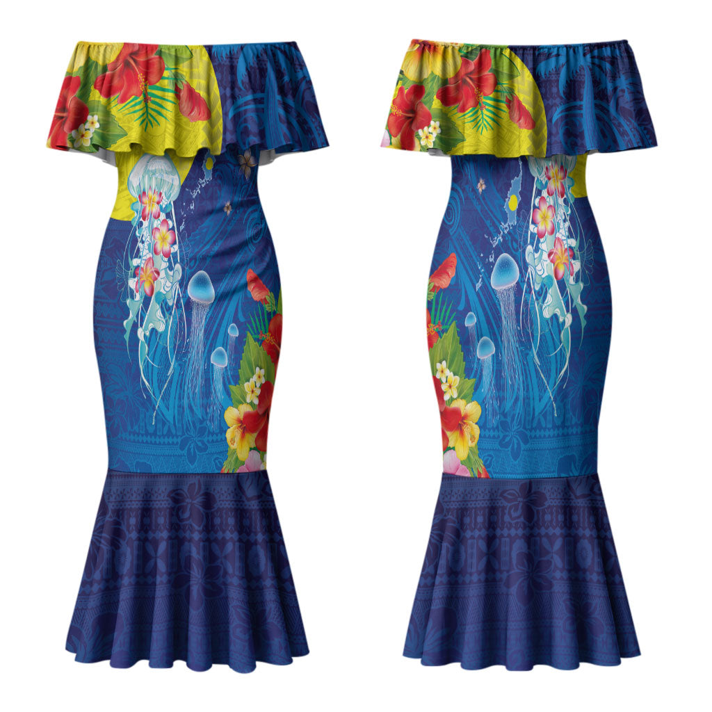 Palau Family Matching Mermaid Dress and Hawaiian Shirt Jellyfish with Coral Reefs Ocean Vibe and Tapa Pattern LT03 Mom's Dress Blue - Polynesian Pride