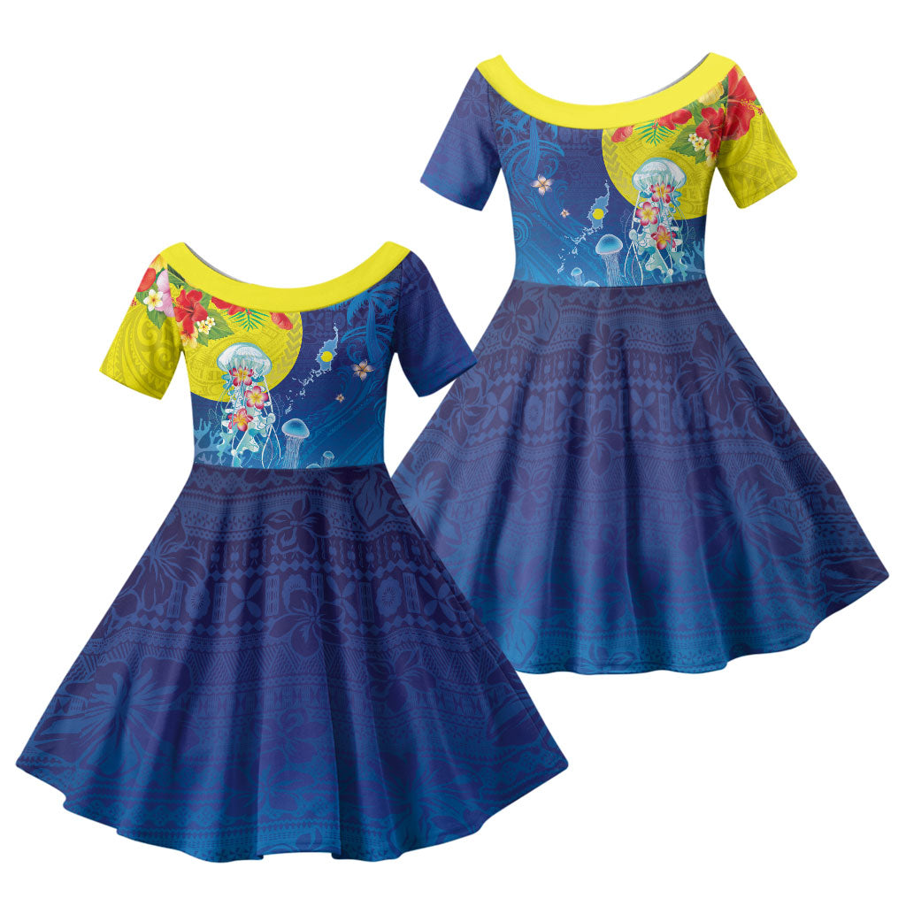Palau Family Matching Short Sleeve Bodycon Dress and Hawaiian Shirt Jellyfish with Coral Reefs Ocean Vibe and Tapa Pattern LT03 Daughter's Dress Blue - Polynesian Pride