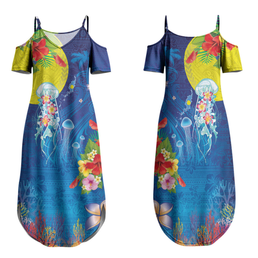 Palau Family Matching Summer Maxi Dress and Hawaiian Shirt Jellyfish with Coral Reefs Ocean Vibe and Tapa Pattern LT03 Mom's Dress Blue - Polynesian Pride