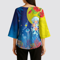 Palau Kimono Sleeve Blouse Jellyfish with Coral Reefs Ocean Vibe and Tapa Pattern LT03 - Polynesian Pride